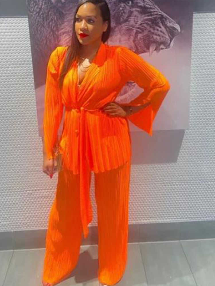 New Women's Orange Pleated Pants Set Tied Up Long Sleeves Split Cuffed Jacket Street Clothing Autumn Fashion 2-piece Set