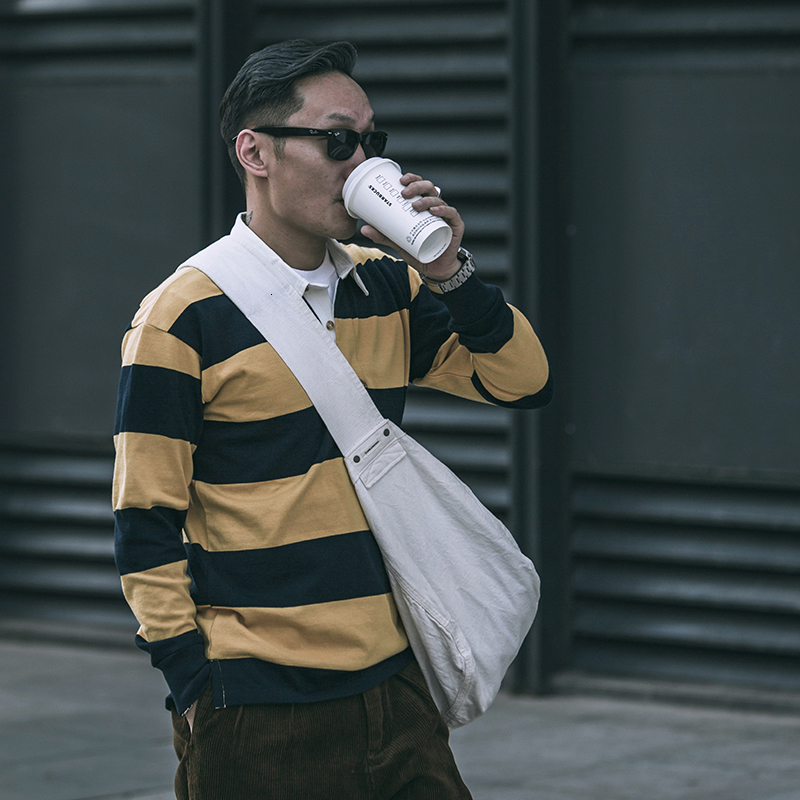 Men's Polos Non Stock 290g Heavyweight YarnDyed Stripe Long Sleeve Polo TShirt Top IVY Vintage Casual Rugby Shirts 230517