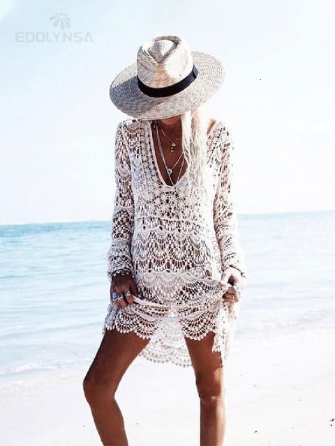 Women's Crochet Beach Dress Cover-Up - White Sexy Bathing Suit Tunic, Swimwear Accessory #A33