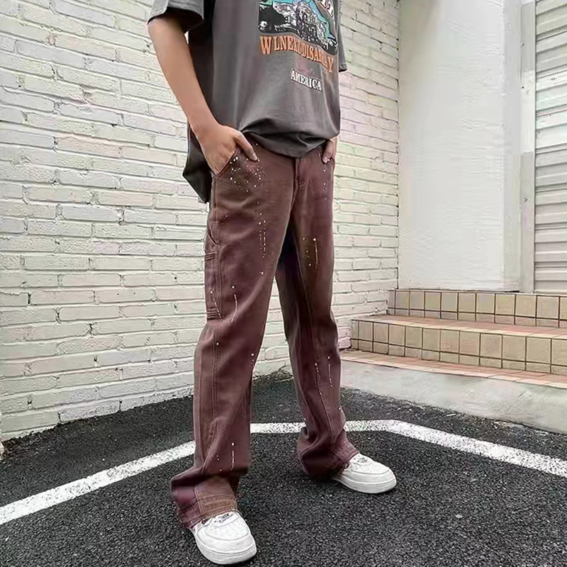 Mens Jeans Vintage Streetwear Flared Pants Hip Hop Splashing Ink Wide Leg Jean Overalls for Men Fashionable Retro Patchwork 230516
