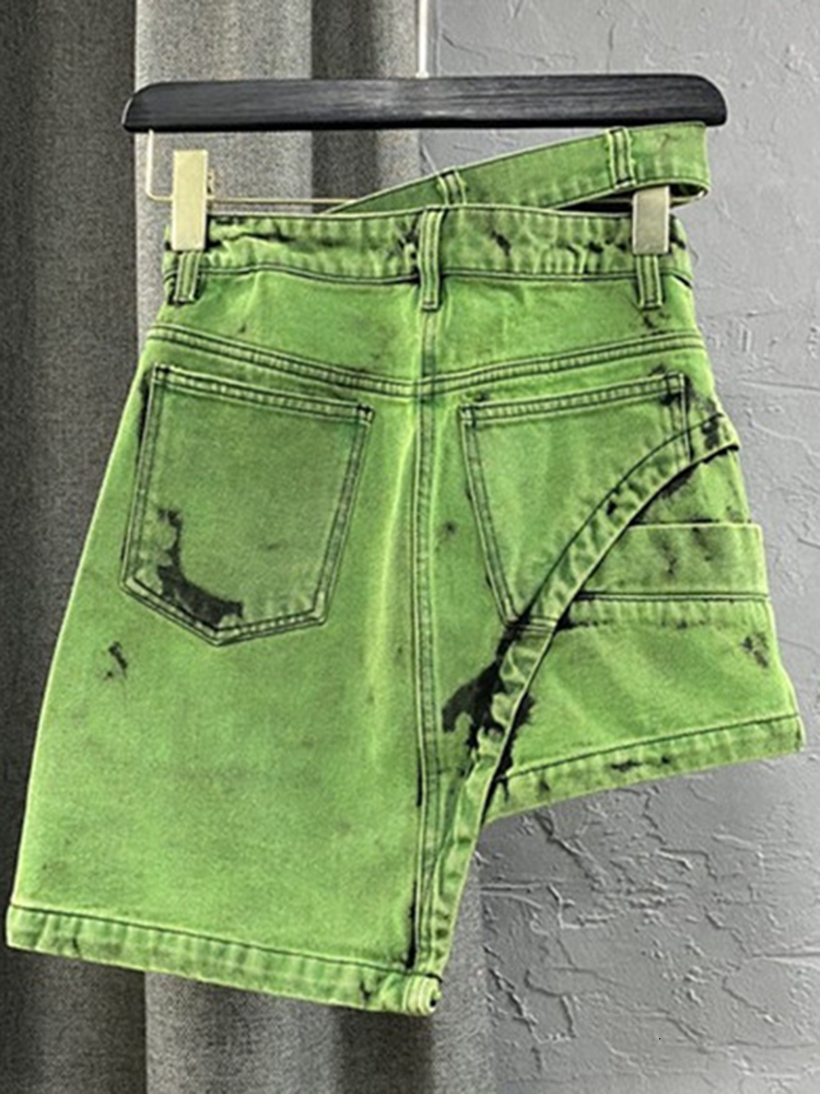 Skirts Fashion Irregular Womens Skirt High Waist Asymmetric Sashes Tie Dye Streetwear Above Knee Denim Summer 230516