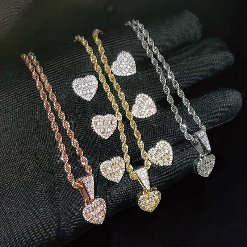 New arrived Hip Hop Iced Out Sparking Bg 5A Cubic Zirconia CZ Heart Pendant Earring necklace Fashion Women Jewelry Set