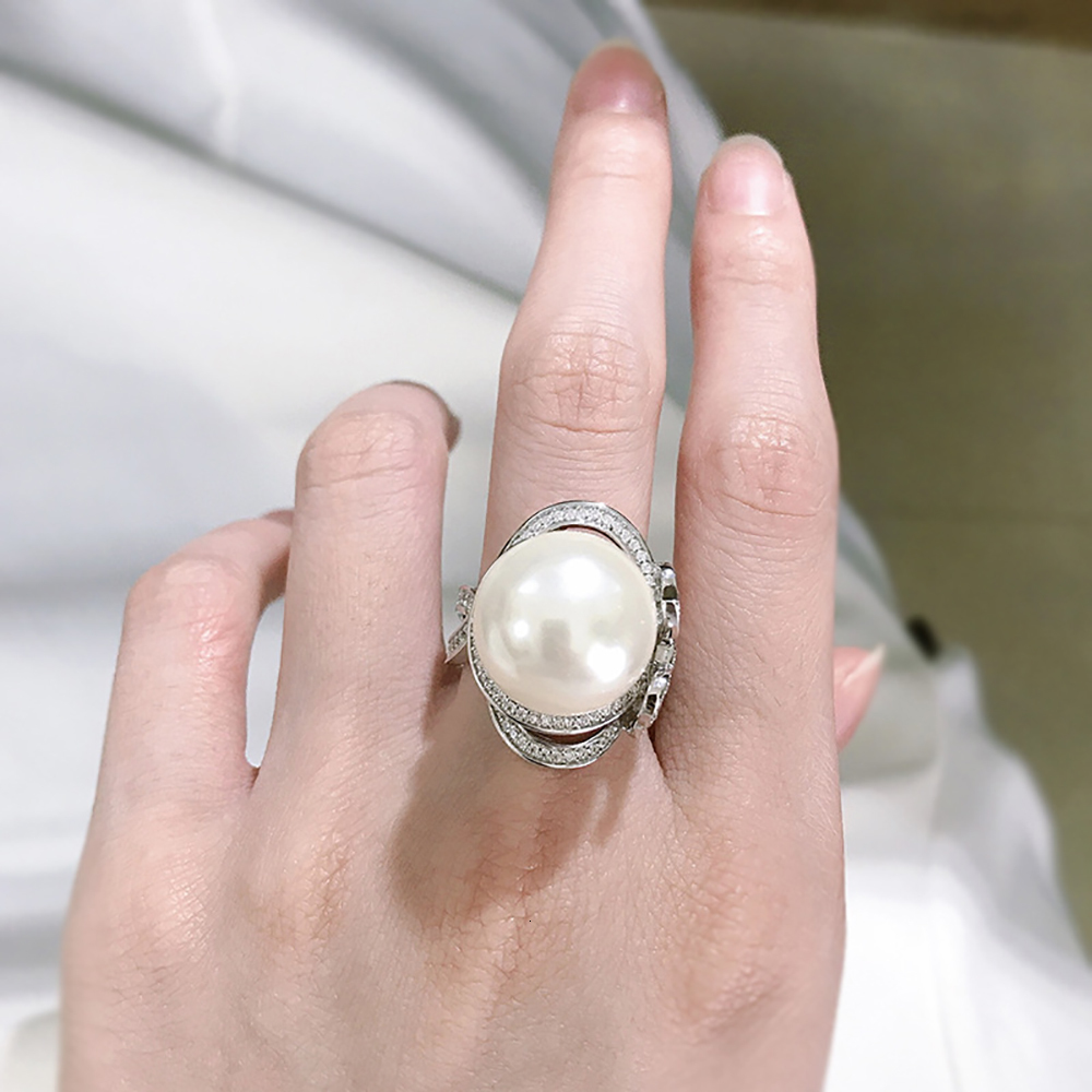 With Side Stones Tren 100 Perak Asli 925 Cincin Bulat 16Mm Air Segar Mutiara Besar Pesona Karbon Tinggi Berlian Pesta Perhiasan Hadiah 230517