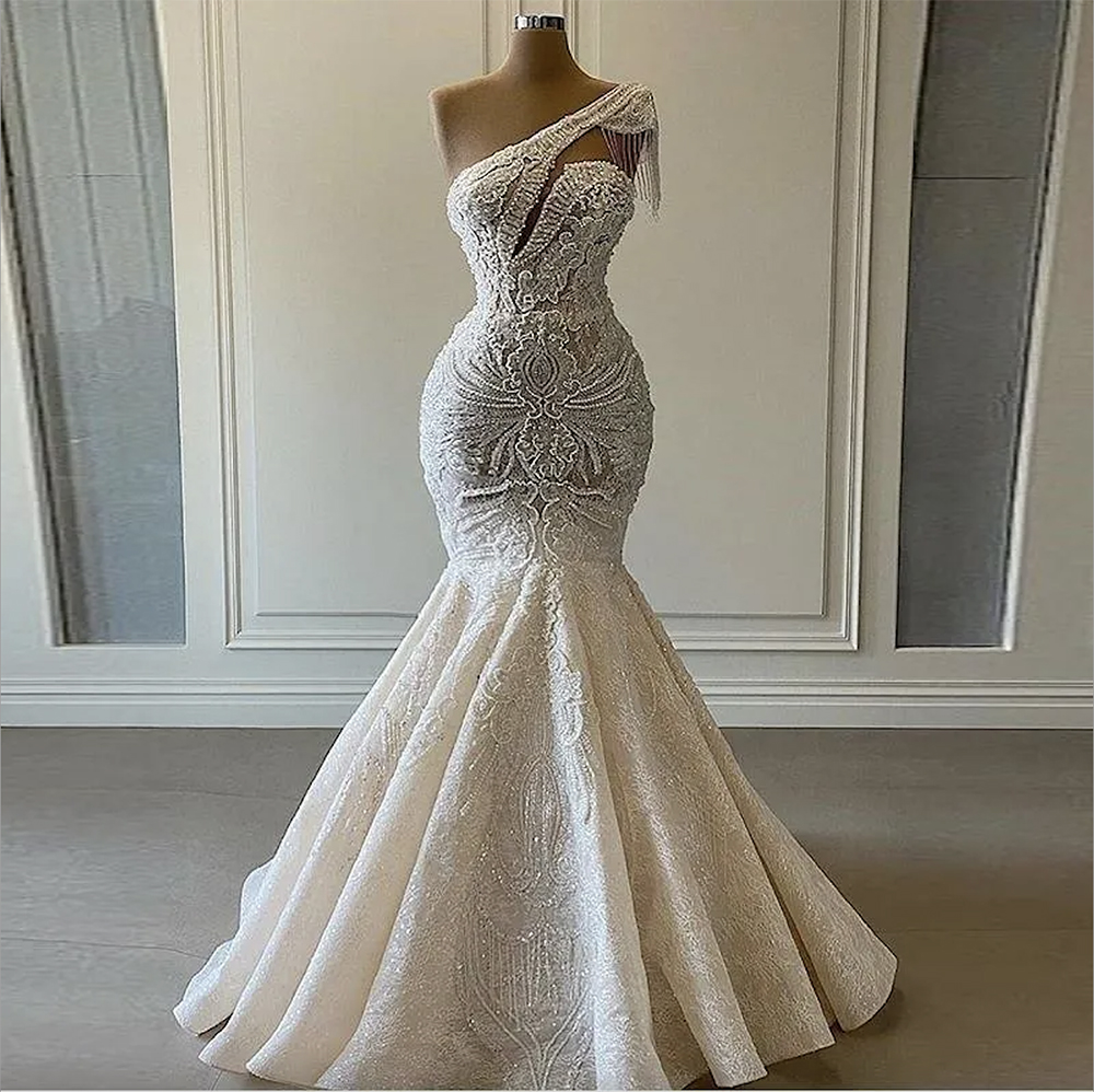 One Shoulder Mermaid Lace Wedding Dress with Pearls and Tassels