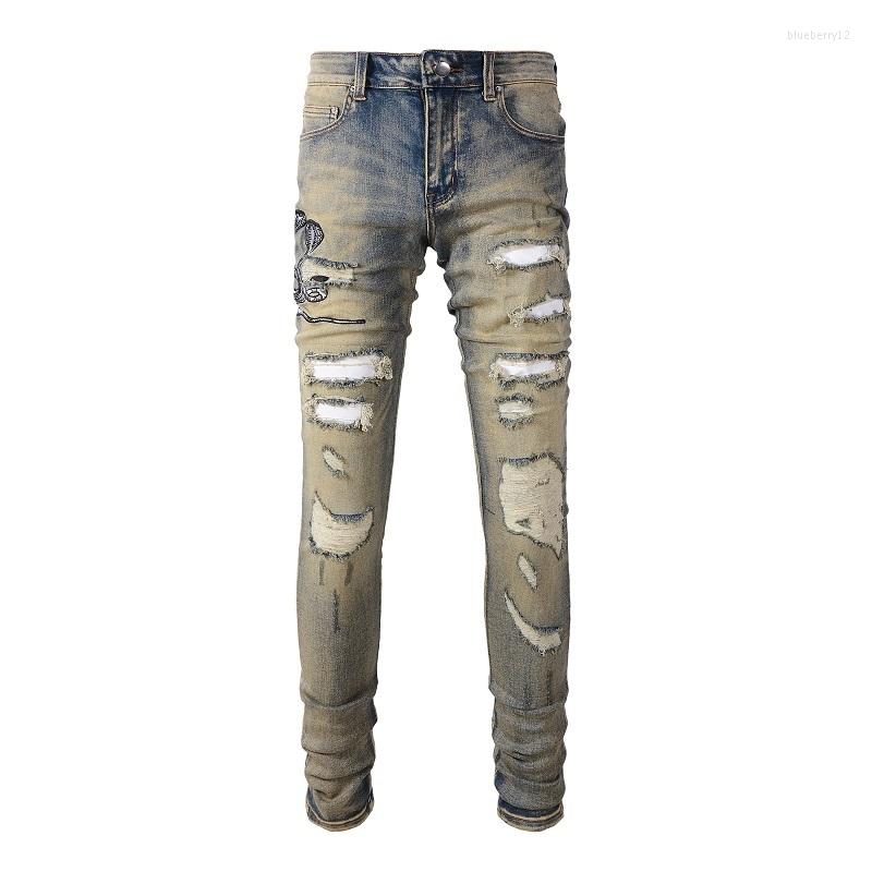 Men's Jeans Steetwear Style Skinny Stretch Holes Bandana Patch Embroidered Snake Slim Fit High Street Distressed Ripped