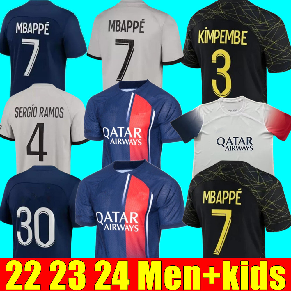 2023 2024 soccer jerseys maillot de foot MBAPPE HAKIMI MARQUINHOS VERRATTI football shirt 22 23 24 SERGIO RAMOS psgs hommes enfants kids KIT fourth KIMPEMBE MESSIS, Away+socks