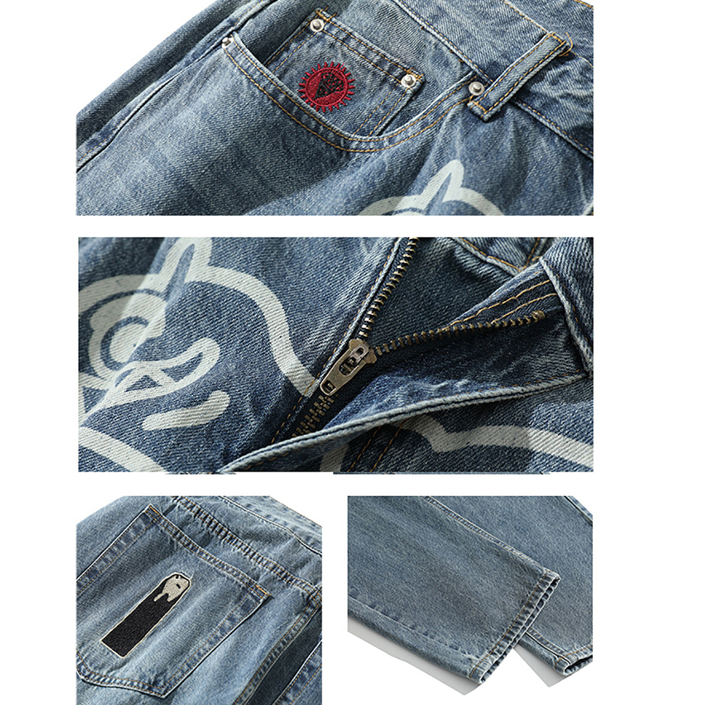 Mens Jeans Vintage Dog Y2K Baggy Men Embroidery Straight Washed Denim Cargo Pants Streetwear Neutral Harajuku Ropa Hombre Trousers 230516