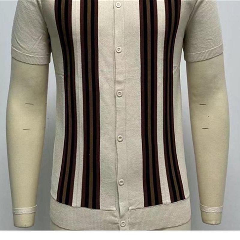 Men's Polos 2023 Summer British Style Retro Casual Apricot Stripe Patchwork Knitted Short Sleeve Jacquard Business Polo Shirt 230517