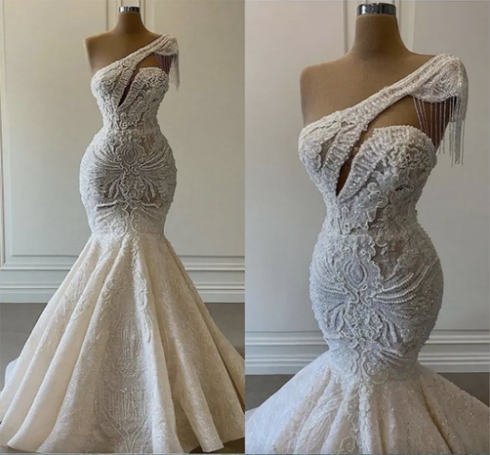 One Shoulder Mermaid Lace Wedding Dress with Pearls and Tassels