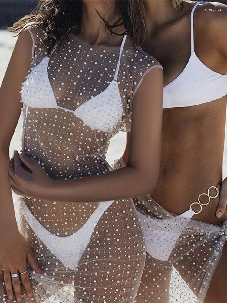 Casual Dresses Rhinestone Women Perspective Mesh Long Female Shinny Diamond Sleeveless Beach 2023 Fashion Summer Beachwear