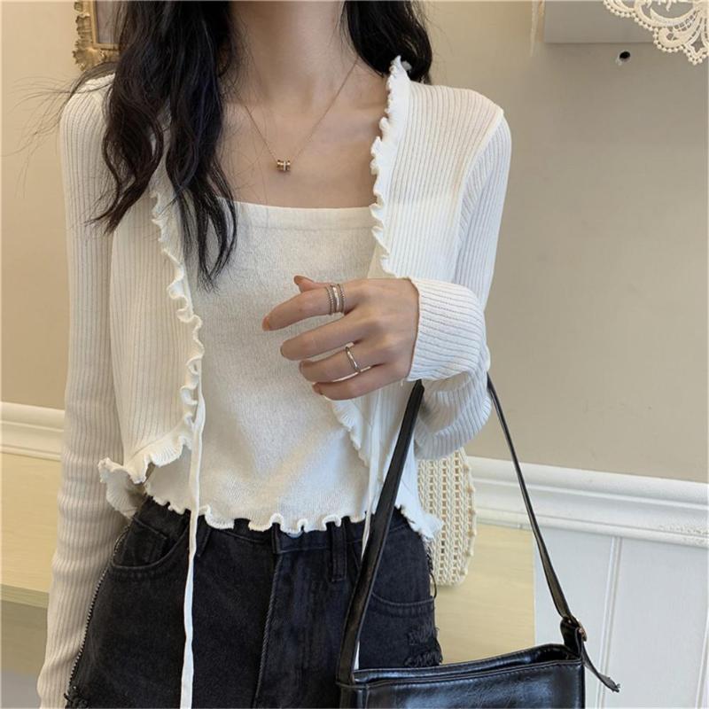 Womens Sweaters 2024 Patched One-piece Cropped Pullovers Ruffles Full Sleeve Laced Sweater Shirts Crop Tops For Female