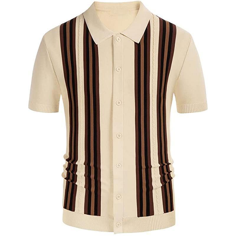 Men's Polos 2023 Summer British Style Retro Casual Apricot Stripe Patchwork Knitted Short Sleeve Jacquard Business Polo Shirt 230517