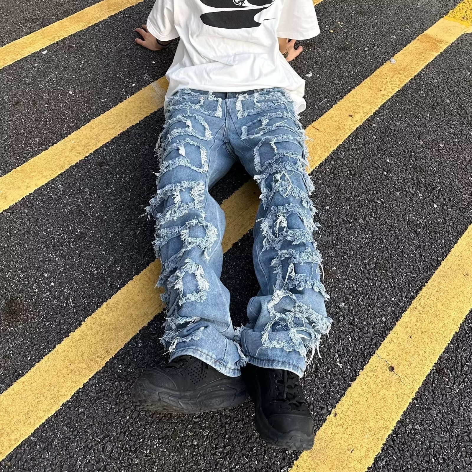 Mens Jeans Individualized patch jeans men and womens American high street hiphop fried beggar pants blue loose small crowd mopping 230516