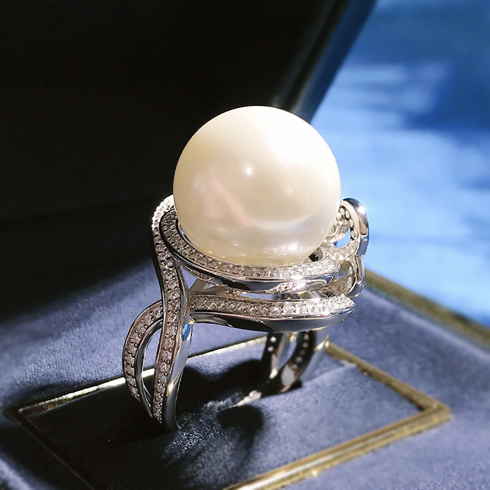 With Side Stones Tren 100 Perak Asli 925 Cincin Bulat 16Mm Air Segar Mutiara Besar Pesona Karbon Tinggi Berlian Pesta Perhiasan Hadiah 230517