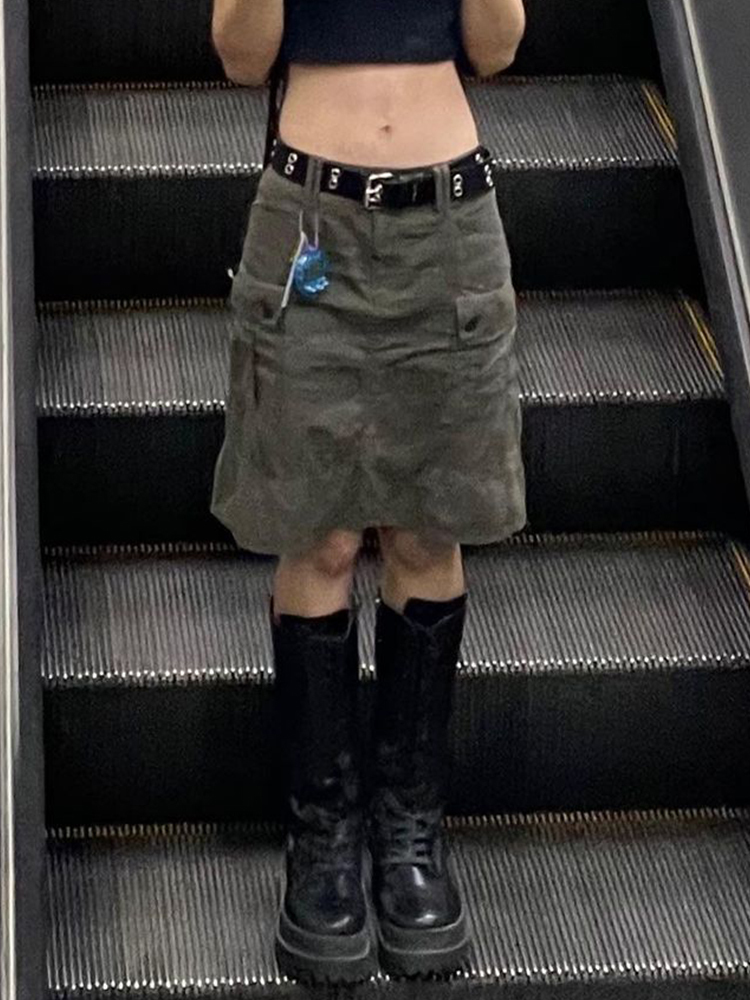 Skirts Sunny Y J Y2K Rok Kargo Abu abu Saku Grunge Pinggang Rendah Mode Streetwear Lurus Pakaian Korea Estetika Chic Baru 230517