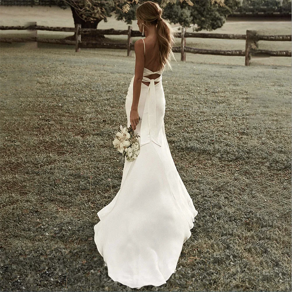 Simple Mermaid White Wedding Dress Spaghetti Straps High Slit Satin Backless Plain Bridal Gown Sweep Train Vestido De Novia