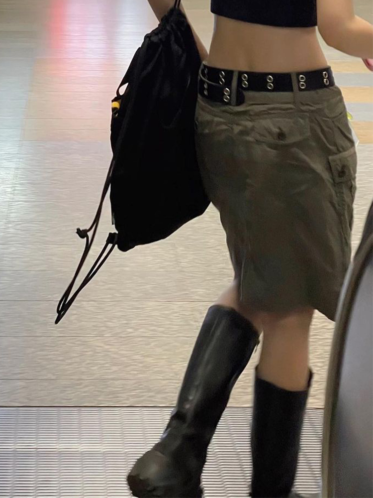 Skirts Sunny Y J Y2K Rok Kargo Abu abu Saku Grunge Pinggang Rendah Mode Streetwear Lurus Pakaian Korea Estetika Chic Baru 230517