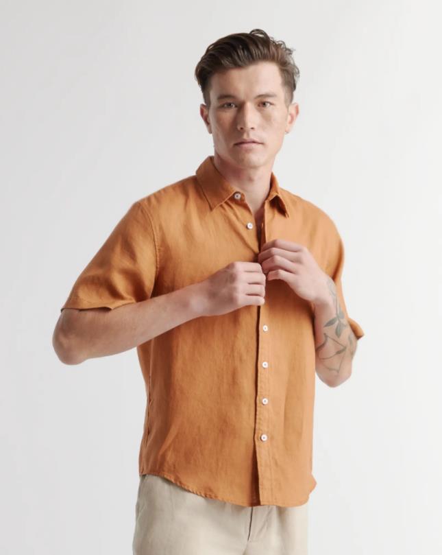 Men's Casual Shirts Desigenr Mens Fashion 100% European Linen Short Sleeve Shirt Casual Pure Color Shirt