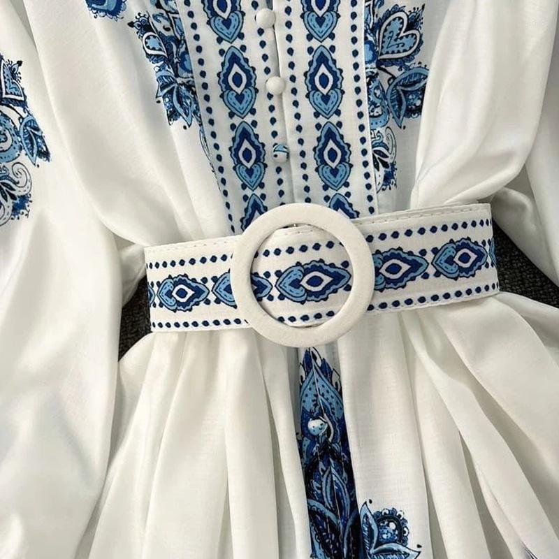 dress casual dresses women bohemian dress 2024 spring summer print long lantern sleeve v neck corset slim button pleated vacation designer dress