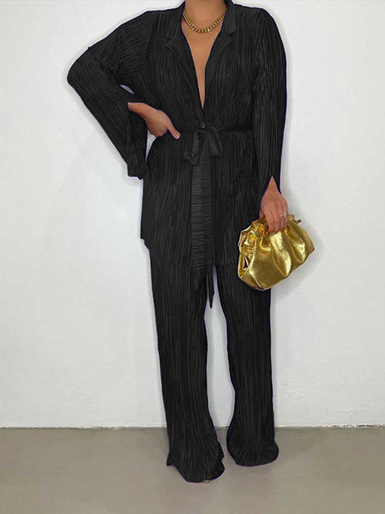 New Women's Orange Pleated Pants Set Tied Up Long Sleeves Split Cuffed Jacket Street Clothing Autumn Fashion 2-piece Set