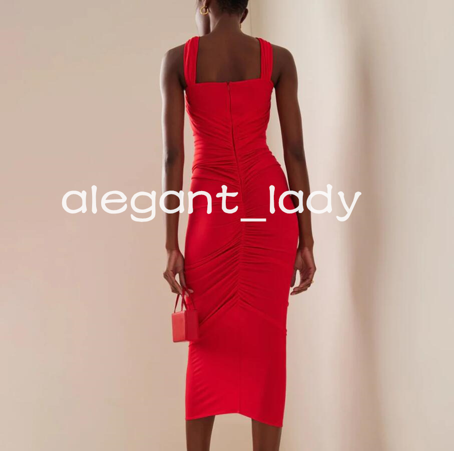 Floral Pleated Hip Stitching Evening Cocktail Dresses Red Cross Halterneck Cutout Calf Length Prom Occasion Dress