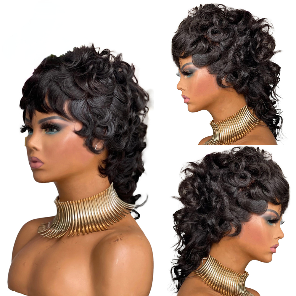 New India Virgin Human Hair Deep Wave Short Wig With Bangs 180%Density Glueless Full Lace Front Wigs For Women Black Color Pixie Cut Wigs