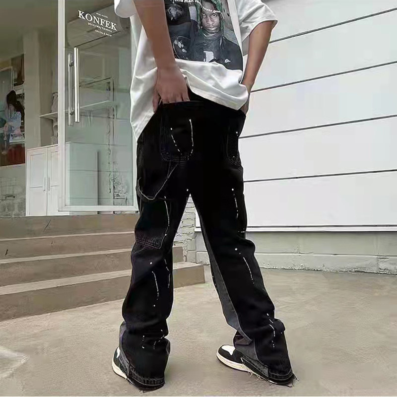 Mens Jeans Vintage Streetwear Flared Pants Hip Hop Splashing Ink Wide Leg Jean Overalls for Men Fashionable Retro Patchwork 230516