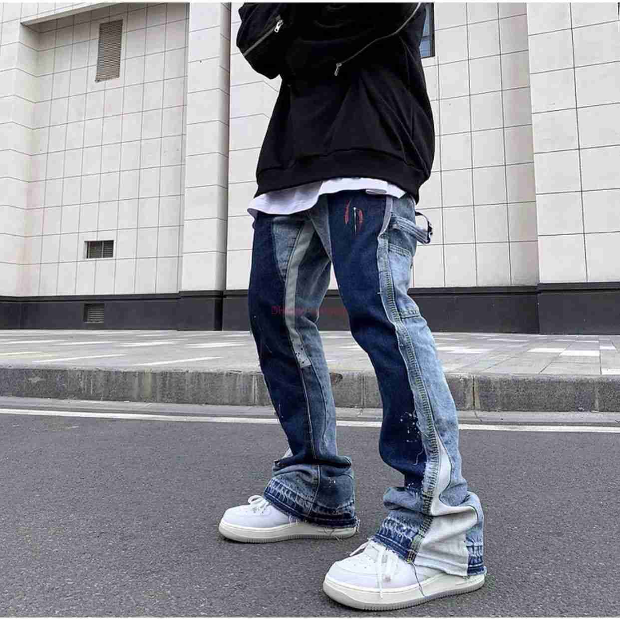 

Fashion Designer Clothing Galleries Denim Pants Galleryes Depts Heavy Industry Ink Splashing Graffiti Micro Horn Structure Splicing Net Red Same Men's Women's Jeans, Wash water blue