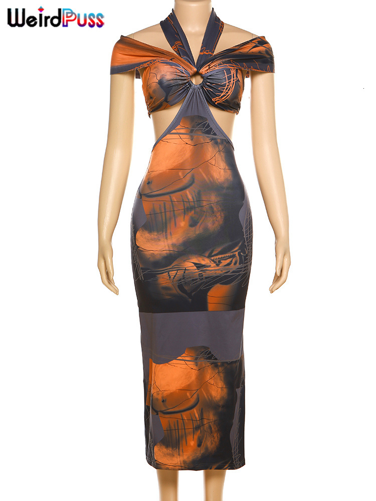 Casual Dresses Gaun Maxi Wanita Gambar Cetak Warna warni Aneh Kucing Halter Tanpa Lengan Leher Potong Elegan Musim Panas Liburan Pesta Bodycon Vestido