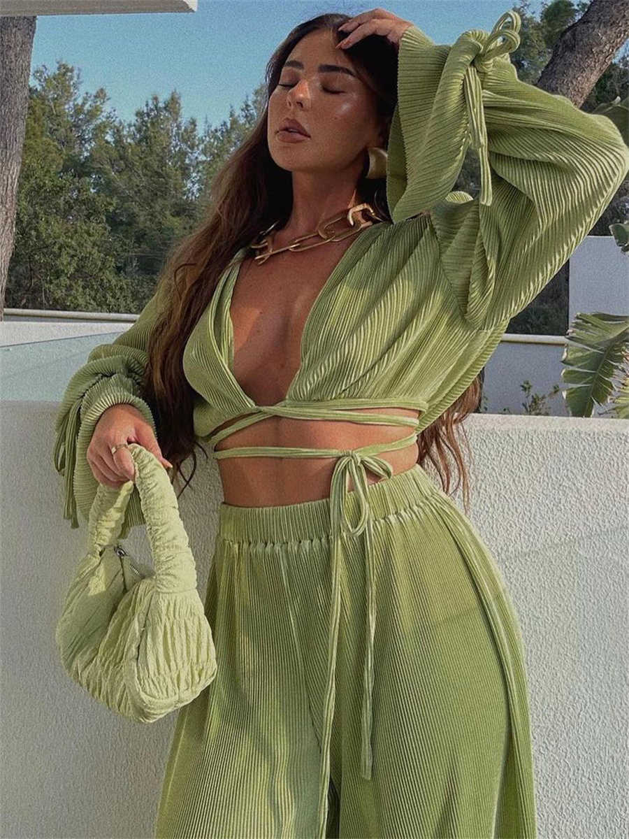 Designer Women's 2-piece Set Of Green Pleated Pants Solid Color Lavender Sleeves Bandage Cut Y Wide Legs Casual Pants Set