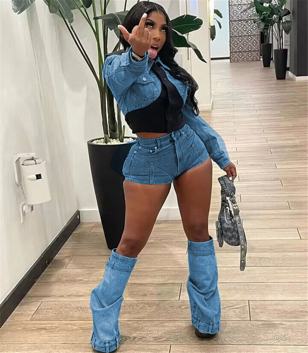 Designer Denim Tracksuits Two Piece Sets Women Long Sleeve Patchwork Denim Jacket and Shorts Outfits Y2k Jeans Vintage Streetwear Bulk Wholesale Cloth