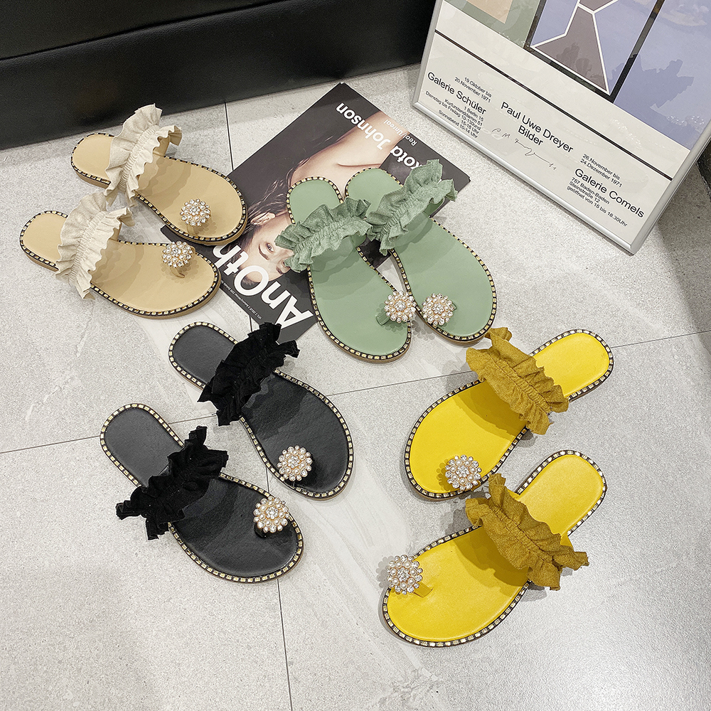 Sandals BKQU Wanita Pantai Musim Panas Bohemian Ujung Datar Mutiara Nanas Sepatu Ukuran Plus 230516