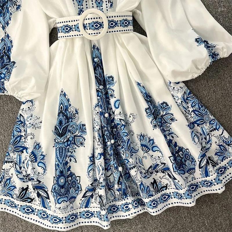 dress casual dresses women bohemian dress 2024 spring summer print long lantern sleeve v neck corset slim button pleated vacation designer dress