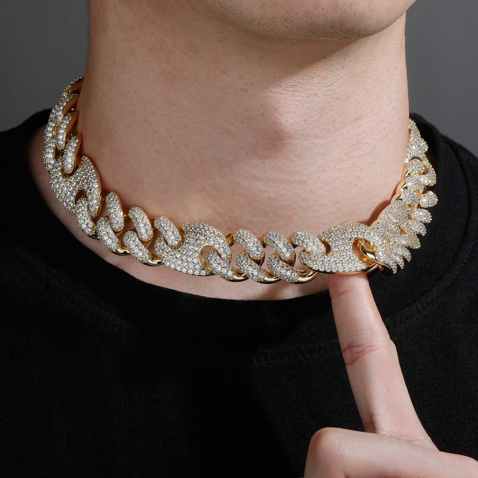 High Quality 20mm Pig Nose Mens Necklace Miami Coffee Bean Cuban Linck Chain Full Zirconium Hip Hop Necklace Curb Chains Real 14k Gold Bracelet For Me