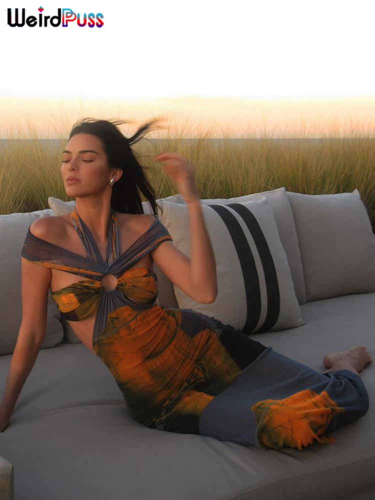 Casual Dresses Gaun Maxi Wanita Gambar Cetak Warna warni Aneh Kucing Halter Tanpa Lengan Leher Potong Elegan Musim Panas Liburan Pesta Bodycon Vestido