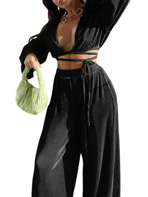 Designer Women's 2-piece Set Of Green Pleated Pants Solid Color Lavender Sleeves Bandage Cut Y Wide Legs Casual Pants Set