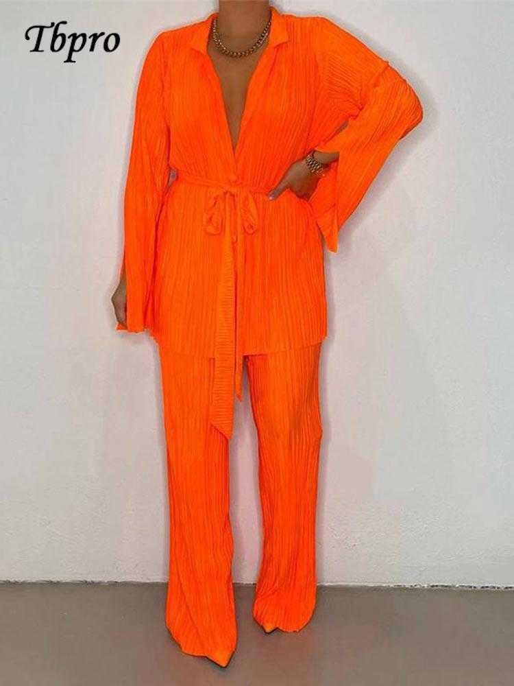 New Women's Orange Pleated Pants Set Tied Up Long Sleeves Split Cuffed Jacket Street Clothing Autumn Fashion 2-piece Set
