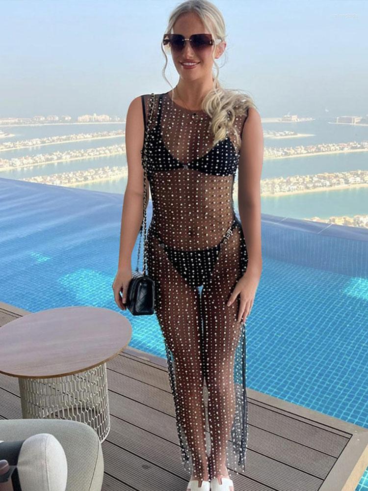 Casual Dresses Rhinestone Women Perspective Mesh Long Female Shinny Diamond Sleeveless Beach 2023 Fashion Summer Beachwear
