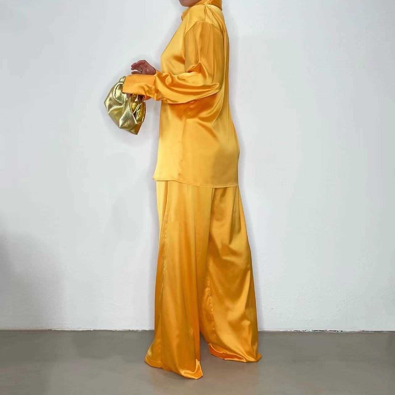 Women's Matching Satin Set Casual Long Sleeved Shirt Straight Pants Tempered Women's Monochrome Fashionable Y Set 2-piece Set 2023