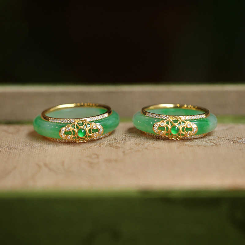 Band Rings New in Natural Green Chalcedony Crystals Rings for Women Luxury Chinese Style Wedding Jewelry exquisite Dethable Gift J230517