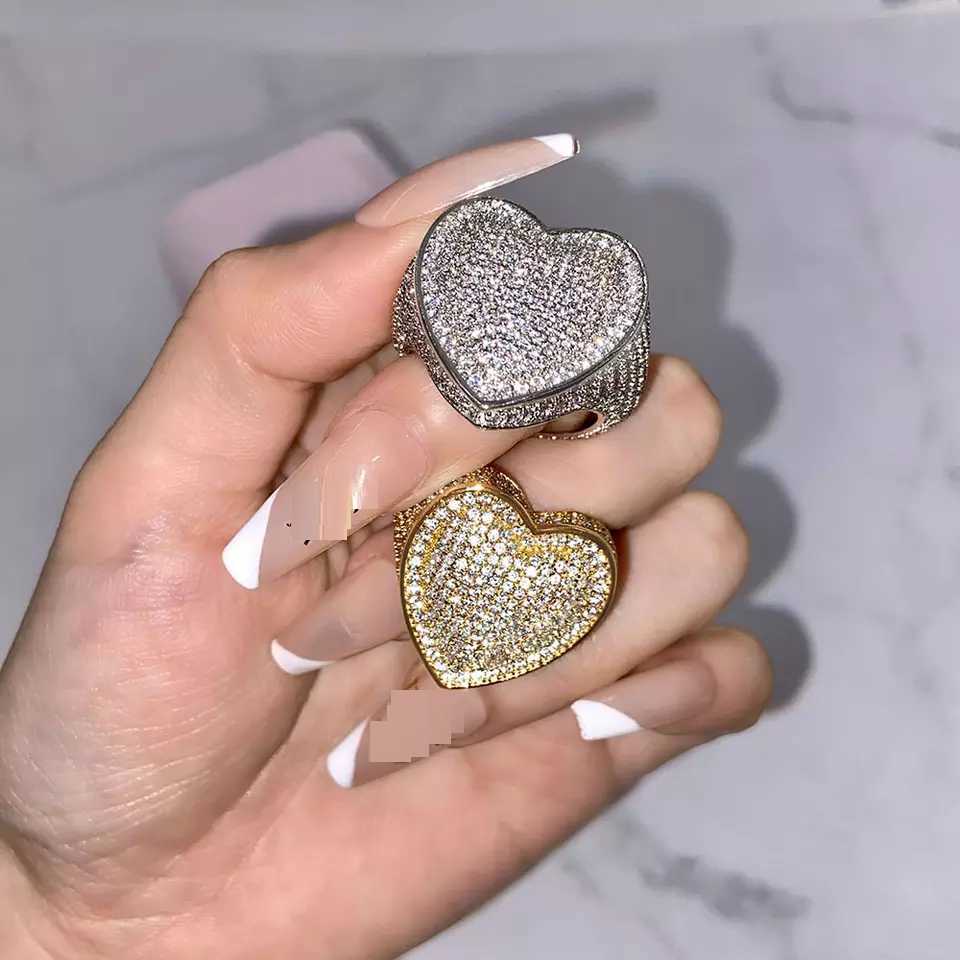 Band Rings Micro Pave CZ Full Finger Ring For Women Big Heart Shaped Valentine's Gift Ice Out Bling Cocktail Rings J230517