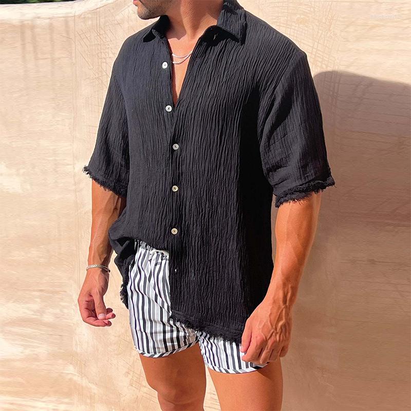 Men's Casual En Cotton Short Sleeve Shirts Vintage Pleated Turn-Down Collar Beach Tops Summer Loose Buttoned Mens Clothes Cardigans B1