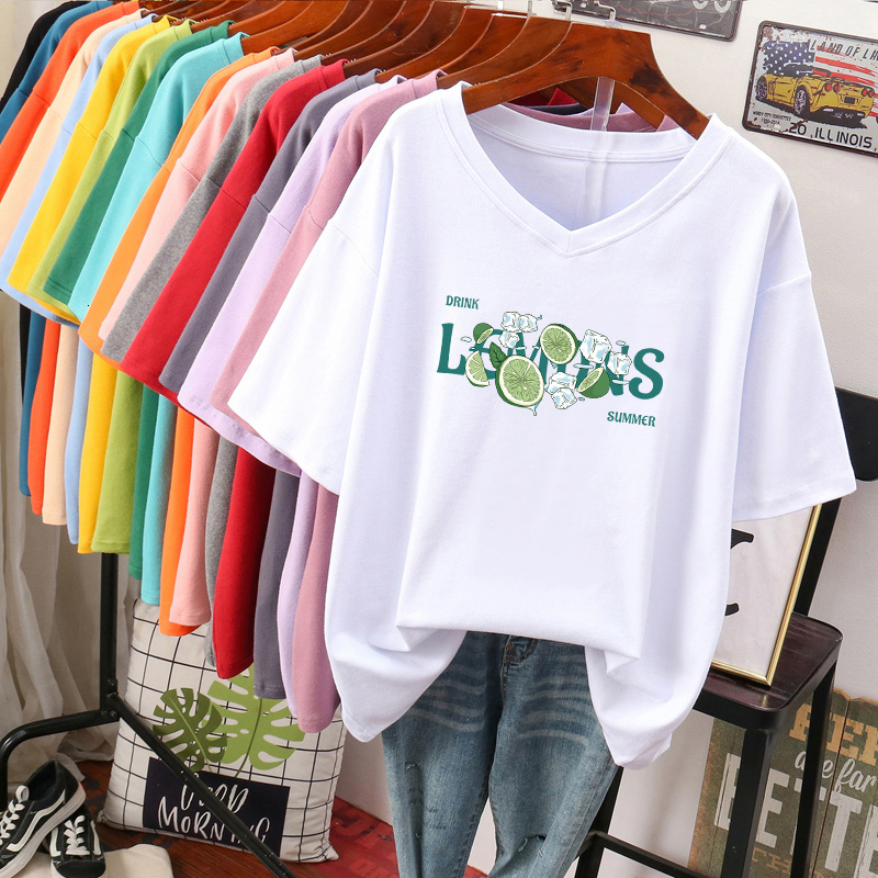 Women's Plus Size TShirt 100 Cotton Shirt L6XL shirt Short Sleeve op Summer Girls Print Cute V Neck Oversized Shirts 230517