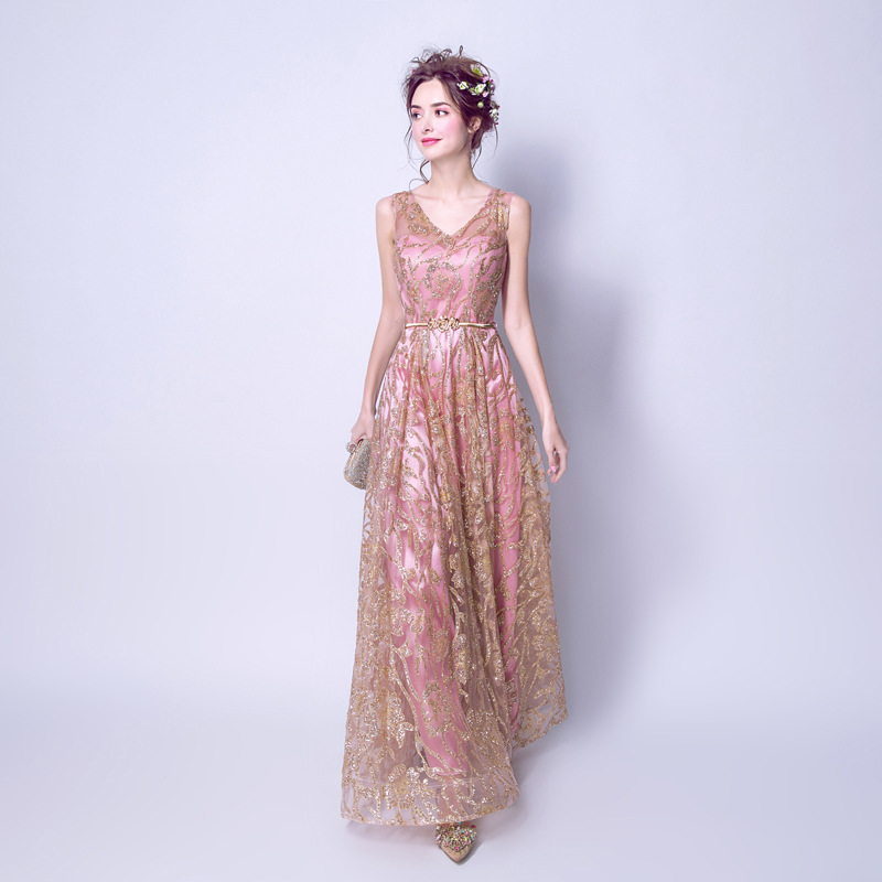Pink Gold Vintage Mother Of Bride Dress Jewel Sequin Appliques Sleeves Godmother Wedding Gowns Robe De Soiree V Neck Evening Party Guests Gown 403 666