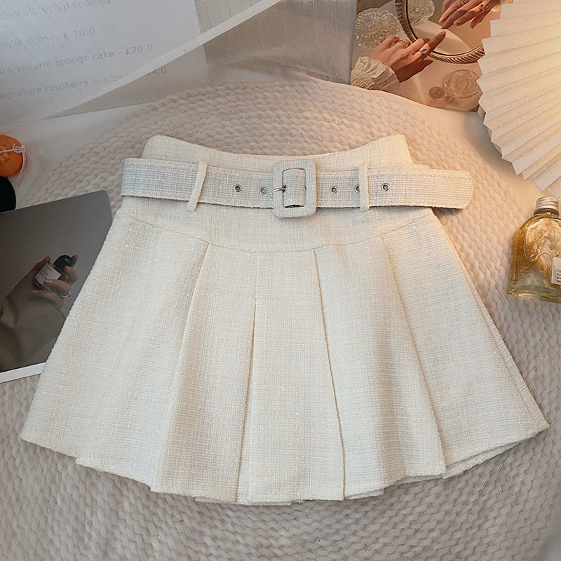 Skirts Ashgaily Tweed Pleated Skirt High Waist Mini Skirts Women Retro Skirts with Belt Autum Arrivals Skirt Style 230518