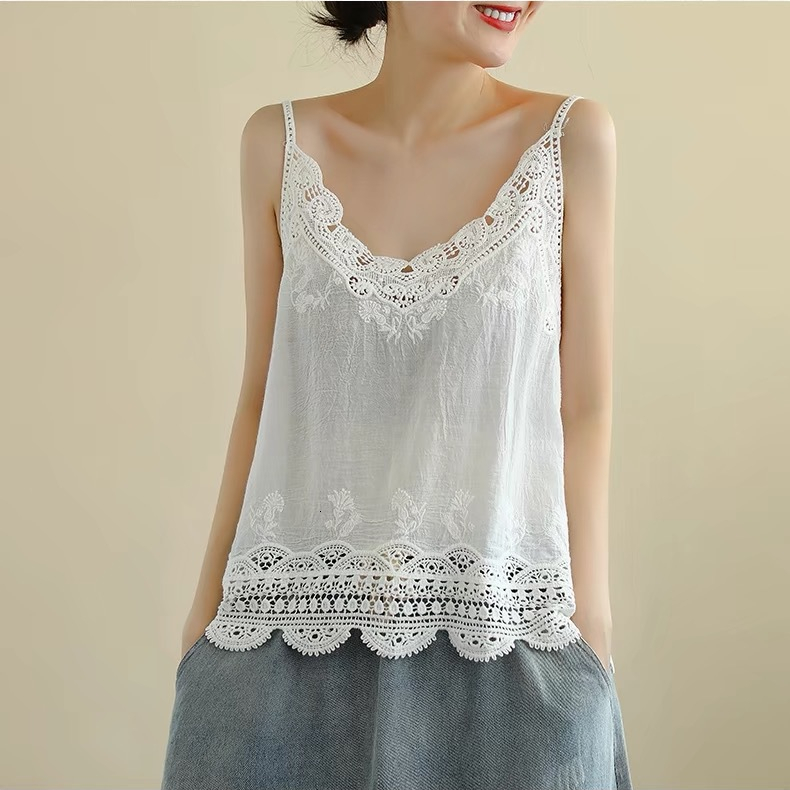 Camisoles Tanks Female Summer Sexy Cotton Linen Victorian Edwardian Floral Embroidery Camis Vintage V Neck Loose Waist Eyelet Spaghetti Camisole 23051