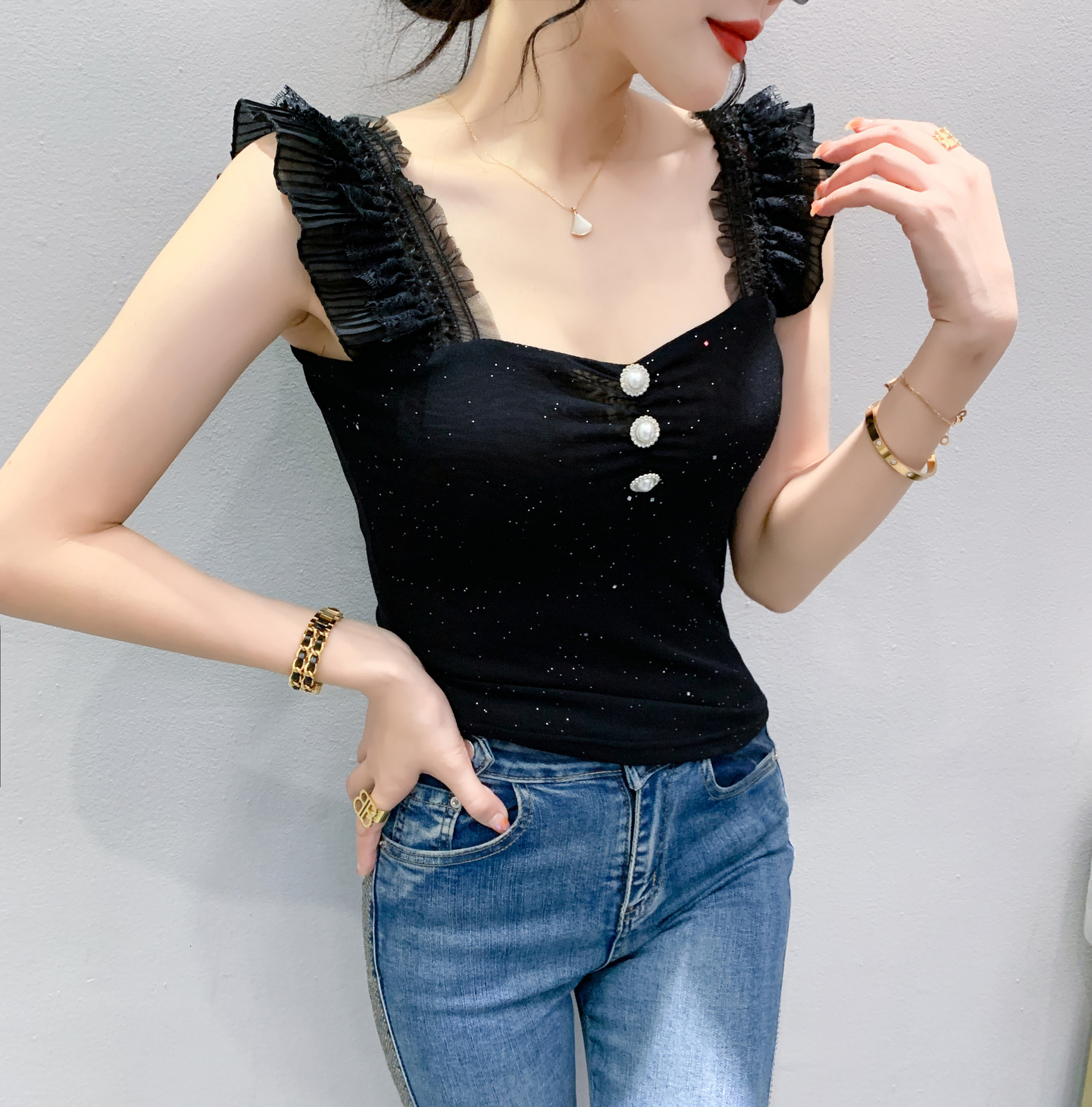 Camisoles Tanks MadBlack Summer European Clothes Ruffled Tank Tops Women Sexy Mesh Outerwear Slim Camisole Vest Sleeveless Tshirts T34801X 230518