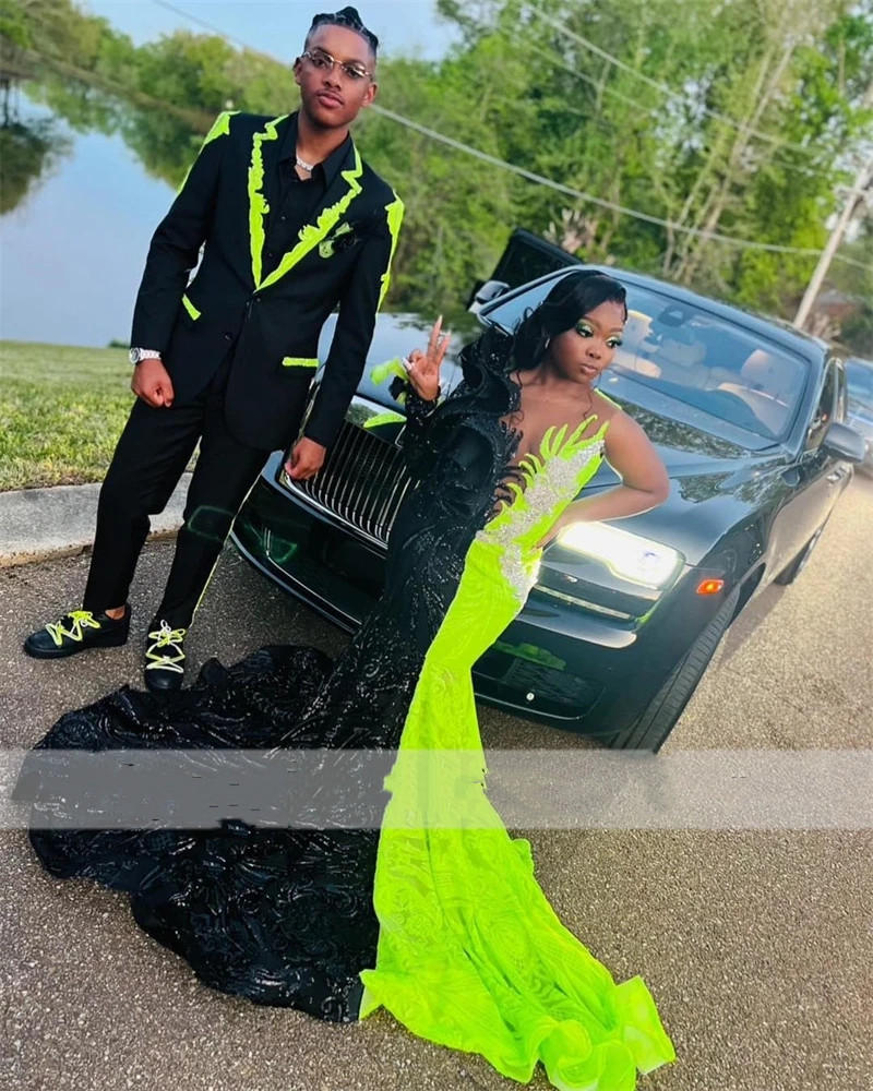 New Black With Green Sequins Mermaid Prom Dresses 2023 For Black Girl One Shoulder Ruffles Formal Party Gowns Robes De Soiree