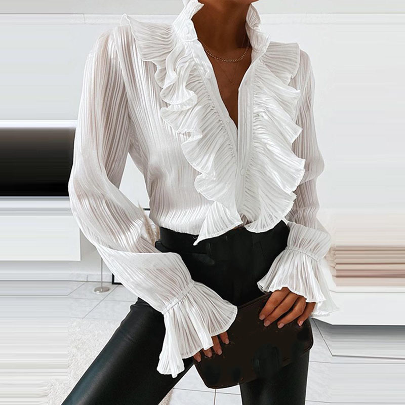 Women's Blouses Shirts Blouse Fashion Elegant VNeck Ruffle Solid Color Female Casual Long Sleeves Office Lady 230517