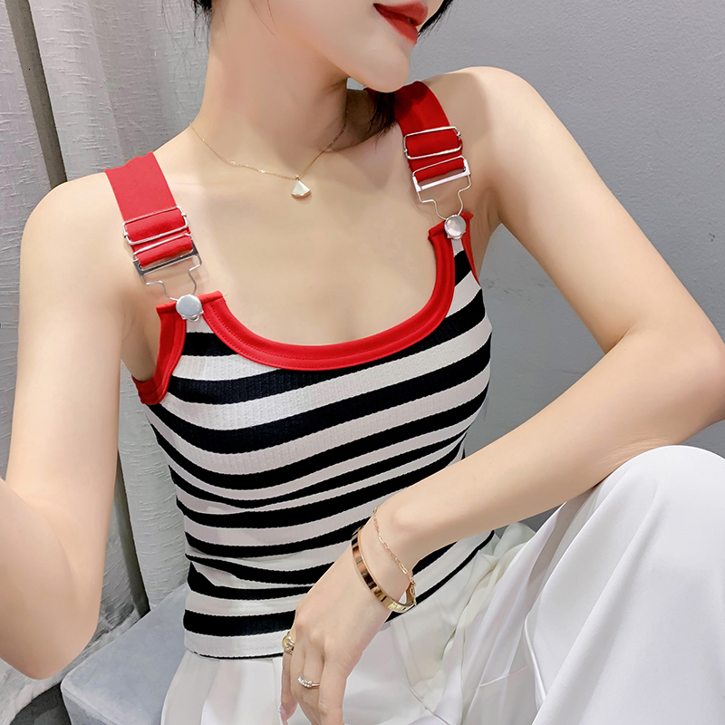 Camisoles Tanks MadBlack Summer European Clothes Knitted Tank Tops Women Sexy Slim Striped Camisole Vest Sleeveless Tshirts T34612X 230518